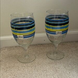 2 Fiesta Striped Stemmed Goblets Glasses Blue Green Black Retro Wine Water 12 oz